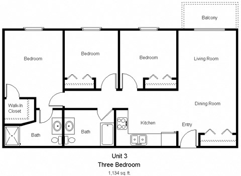 Floor plan for 3 beds, 2 baths, 1148 sqft